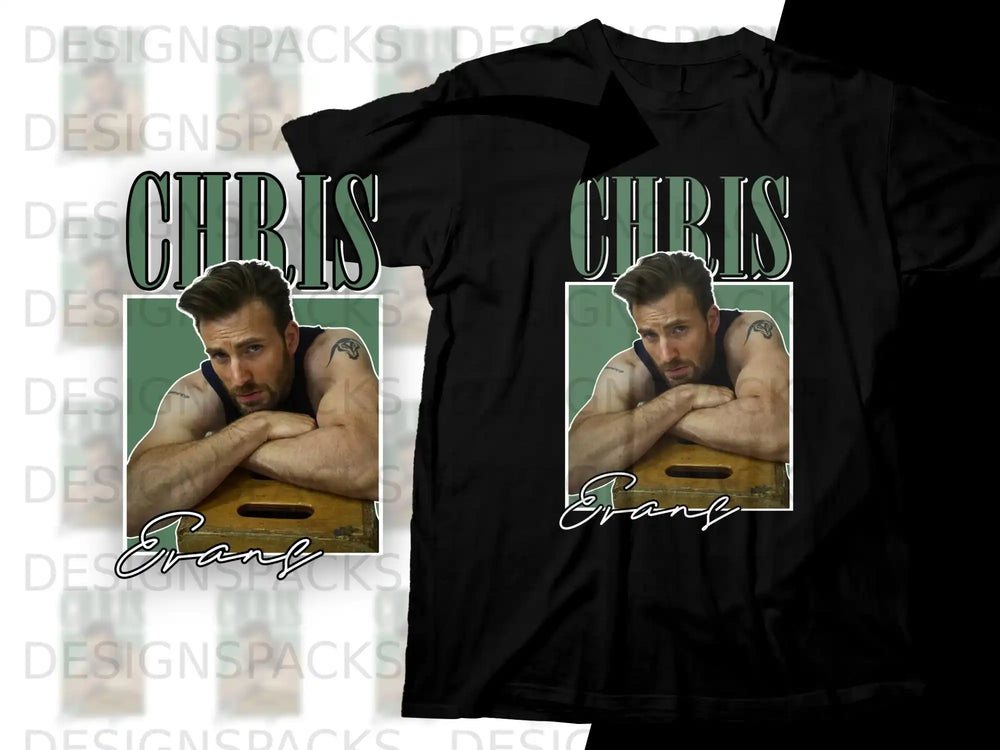 Black t-shirt with "CHRIS" above a portrait of Chris Evans, "Evans" below.