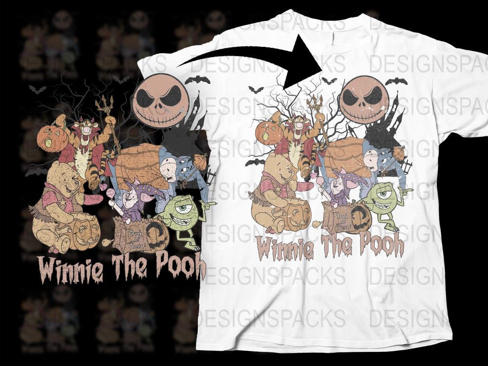 Nightmare Before Christmas Winnie the Pooh Crossover T-Shirt, Unique Halloween Cartoon Graphic Tee, Unisex White Shirt