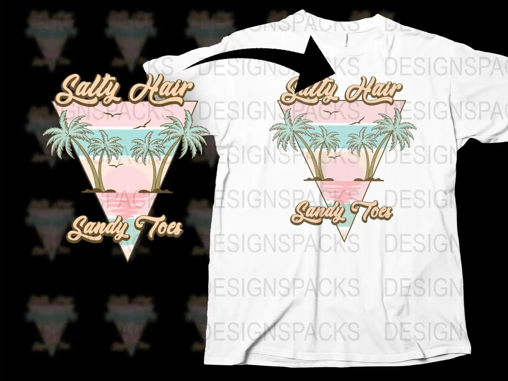 Salty Hair Sandy Toes T-Shirt, Summer Beach Design, Palm Trees Graphic Tee, Casual Vacation Shirt