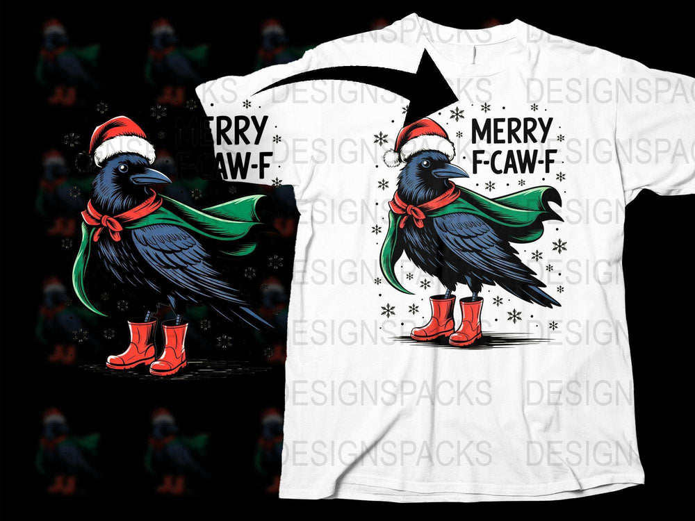 Merry Caw-F Crow Christmas T-Shirt, Festive Bird with Santa Hat, Holiday Apparel, Unique Christmas Gift, Unisex Graphic Tee