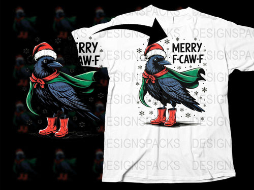 Merry Caw-F Crow Christmas T-Shirt, Festive Bird with Santa Hat, Holiday Apparel, Unique Christmas Gift, Unisex Graphic Tee