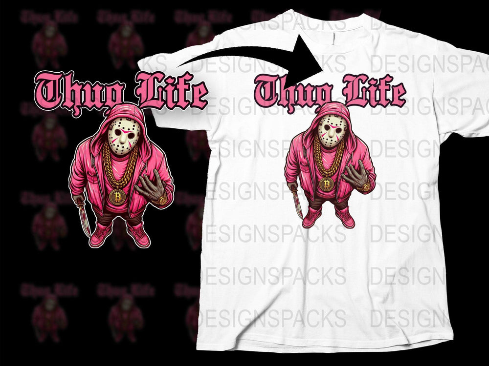 Thug Life Graphic T-Shirt, Jason Mask Urban Style Tee, Hip Hop Fashion, Men's White Streetwear Top, Bold Printed Casual Shirt