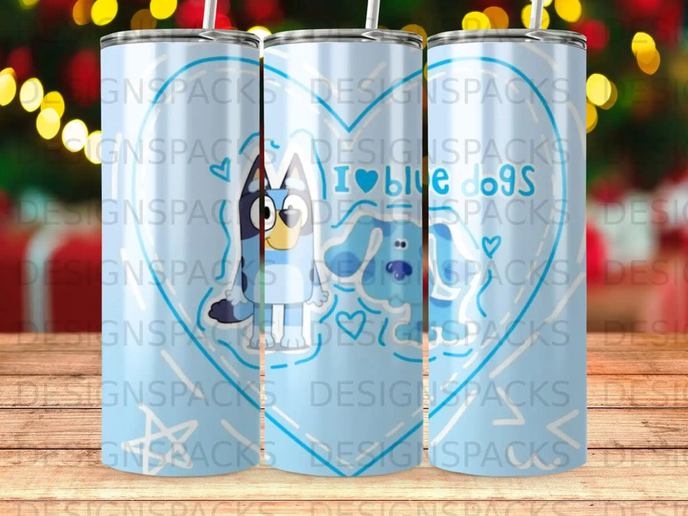 Bluey and Bingo characters on a blue patterned tumbler with text.