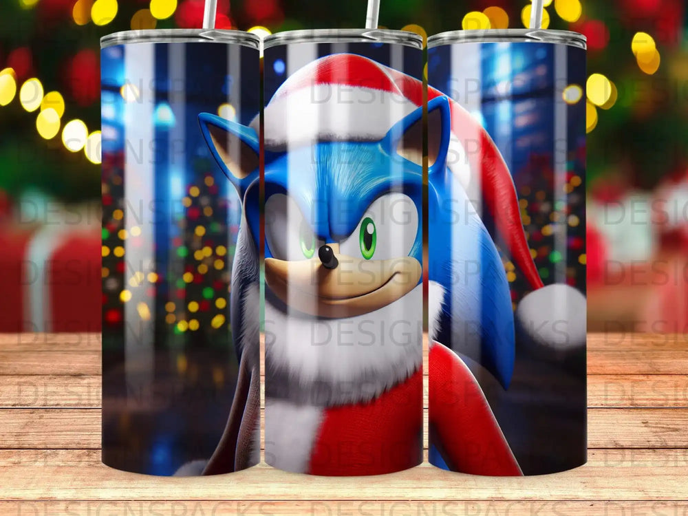 Sonic the Hedgehog in a Santa hat and suit on a holiday-themed tumbler.