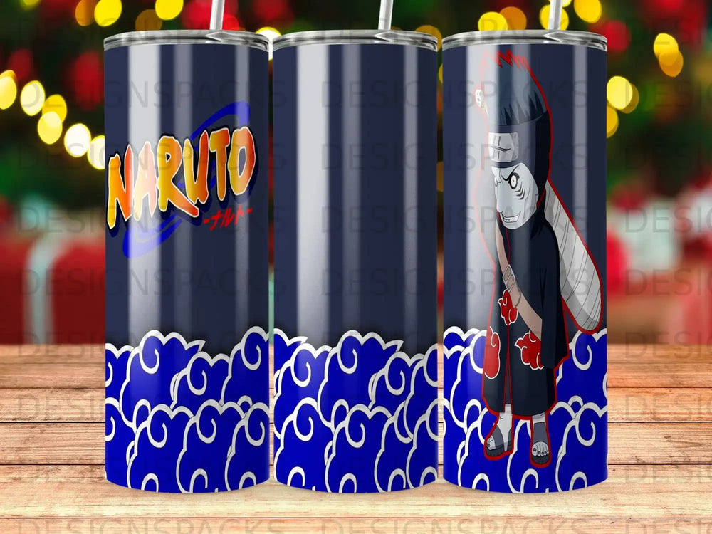 Naruto character illustration on a navy blue tumbler with white clouds.