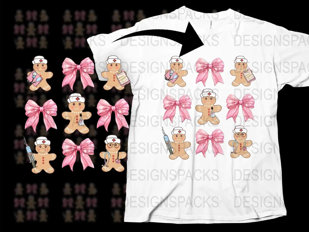 Cute Gingerbread Man Nurse T-Shirt, Pink Bow, Healthcare Worker Appreciation Gift