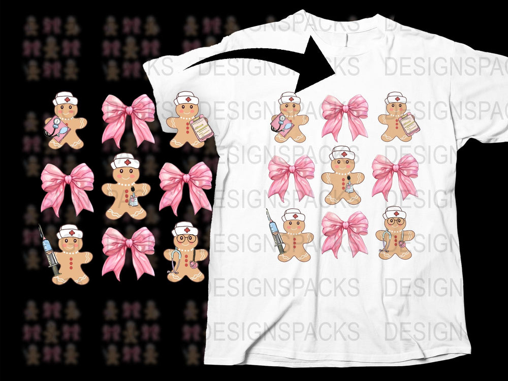 Cute Gingerbread Man Nurse T-Shirt, Pink Bow, Healthcare Worker Appreciation Gift