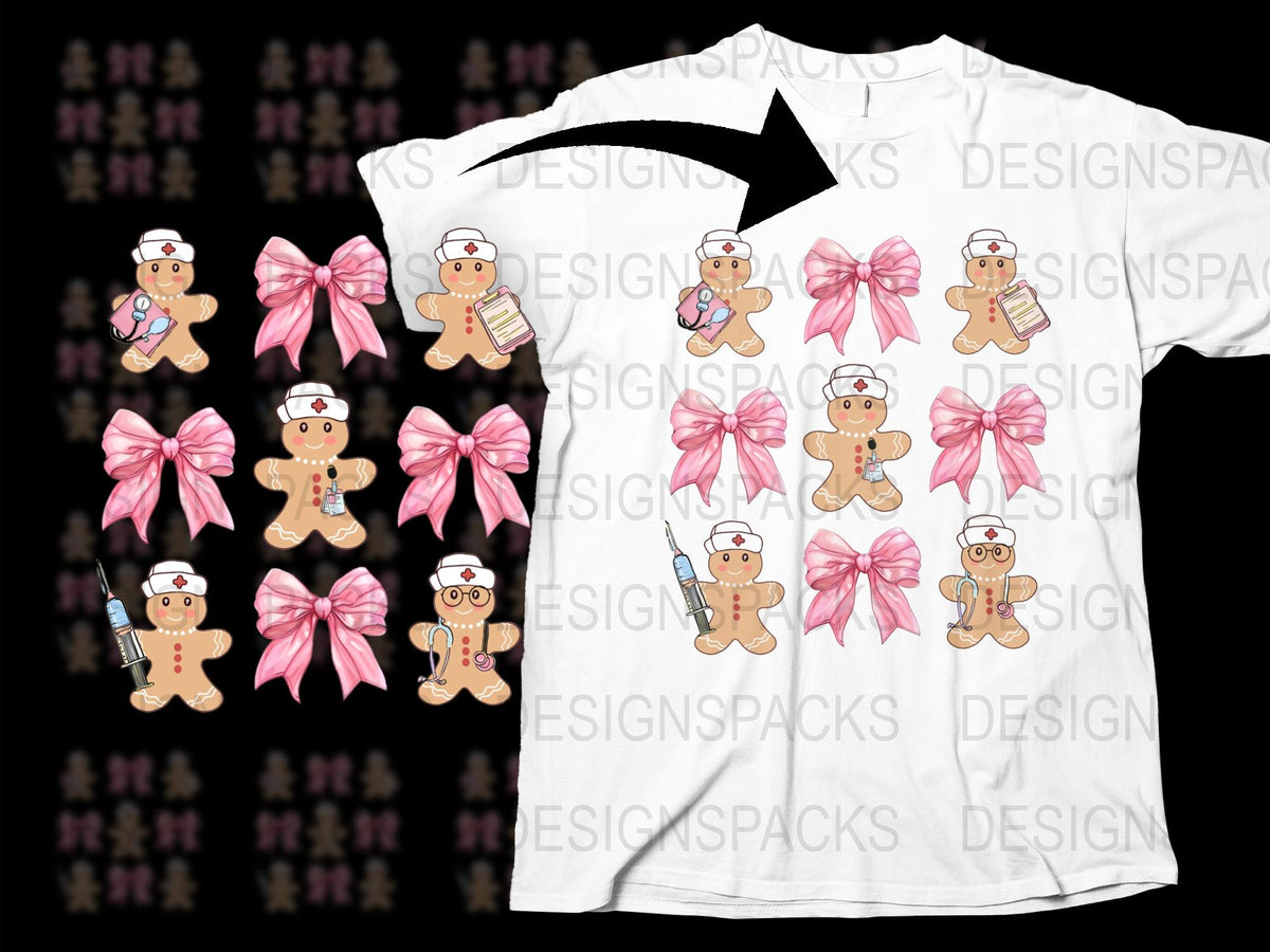 Cute Gingerbread Man Nurse T-Shirt, Pink Bow, Healthcare Worker Appreciation Gift