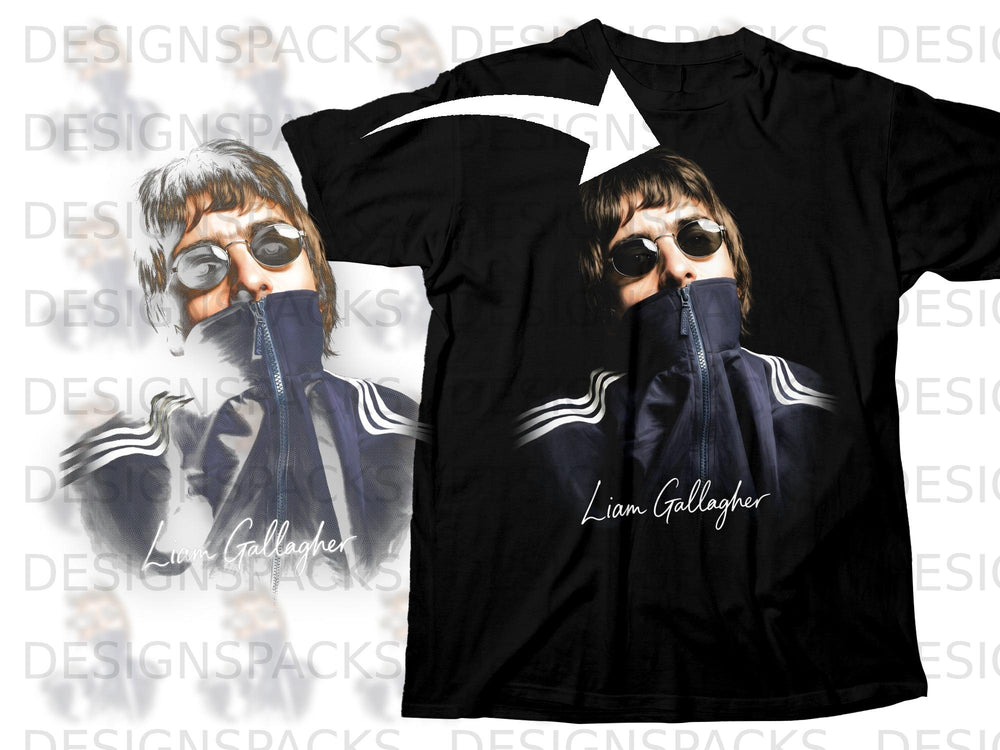Black t-shirt featuring a printed portrait of Liam Gallagher wearing sunglasses.