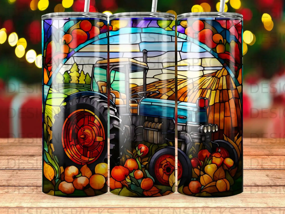 Blue tractor in a stained-glass style farm scene with pumpkins and fruit.