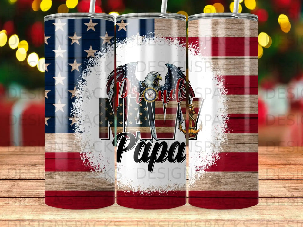 Tumbler featuring American flag, navy anchor, and "Papa" text on wood grain background.