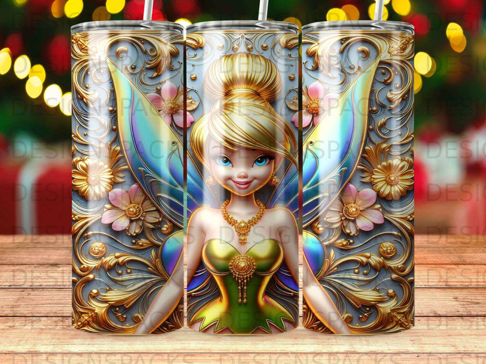 Tinkerbell in green dress with gold accents and floral background.