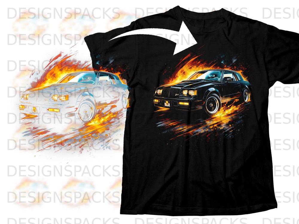 A black t-shirt features a graphic print of a classic car surrounded by fiery flames.