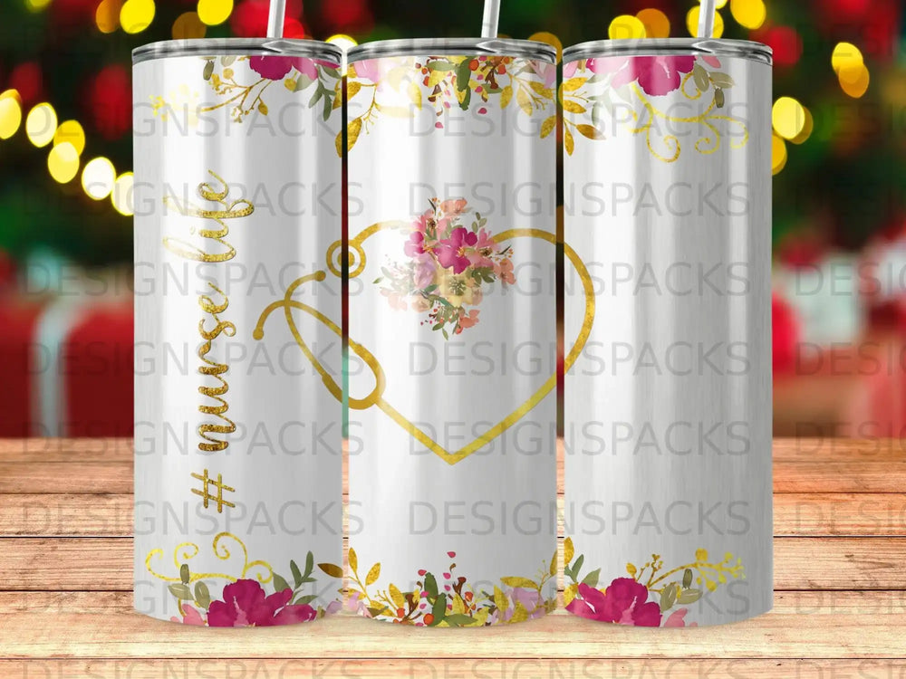 White tumbler with stethoscope, flowers, and "Nurse" text.