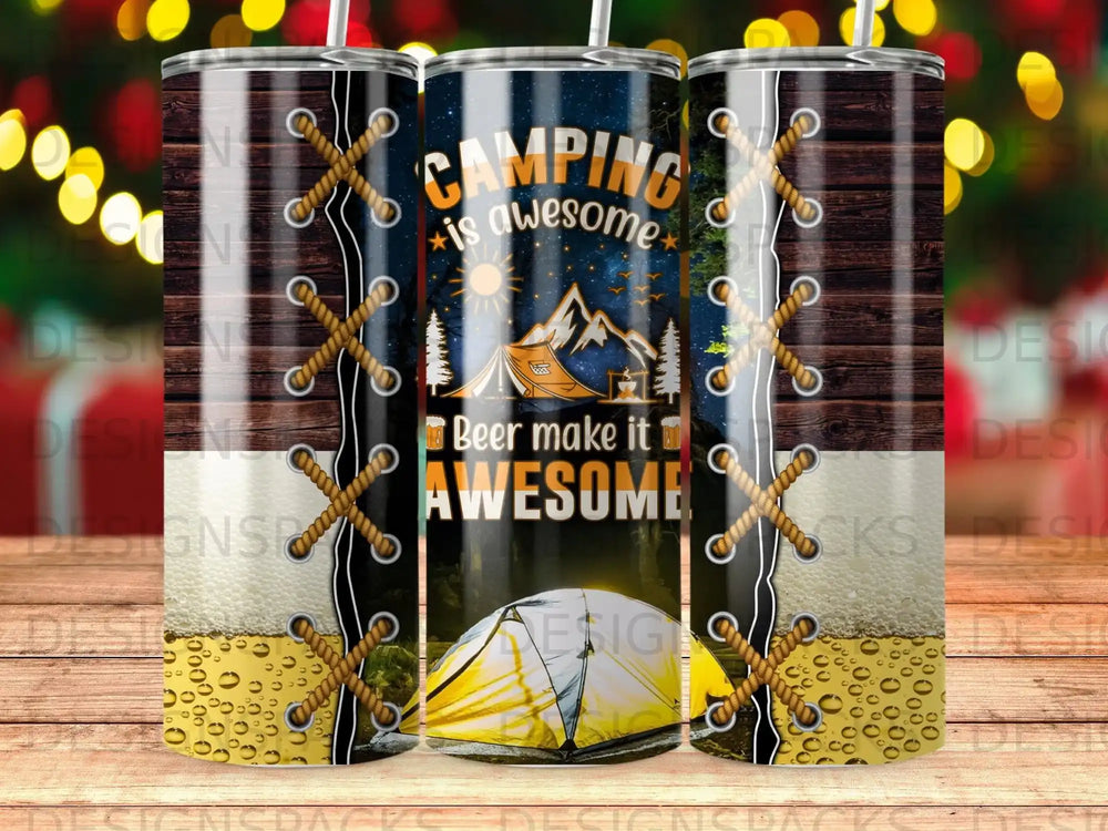 Camping is awesome, beer makes it awesome tumbler with starry night and tent graphic.