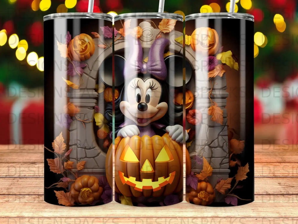 Minnie Mouse peeking from behind a tombstone with a carved pumpkin.