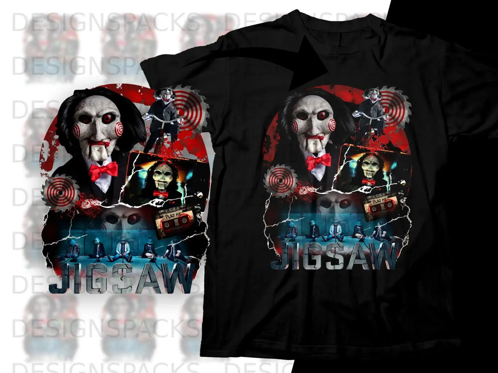 Jigsaw movie poster collage on black t-shirt.