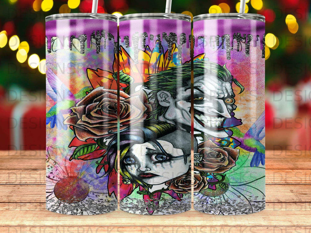 Joker and Harley Quinn graphic on purple glitter tumbler with floral accents.