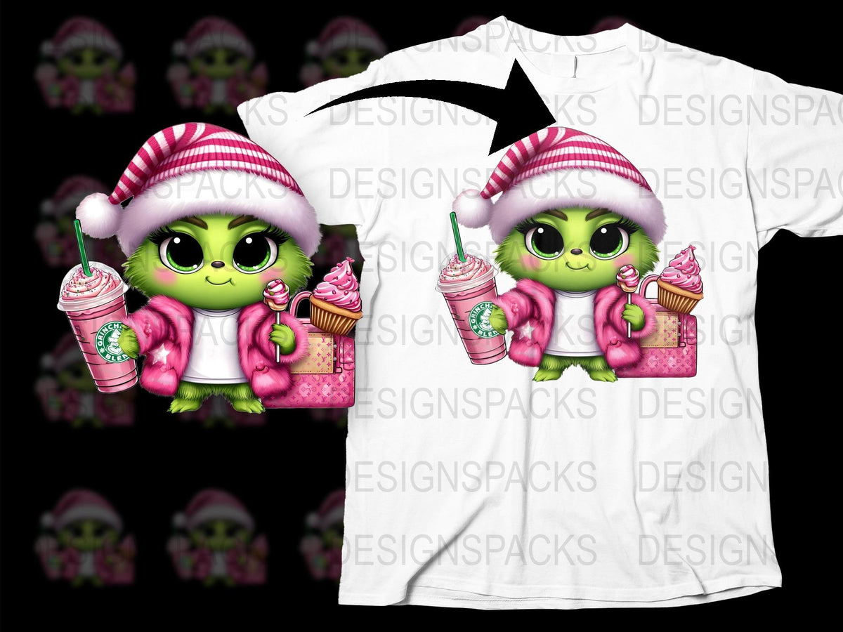 Cute Alien Graphic T-Shirt, Pink Striped Hat, Holding Cupcake and Drink, Festive Holiday Wear