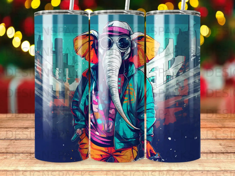 Elephant wearing sunglasses and a jacket on a colorful background.