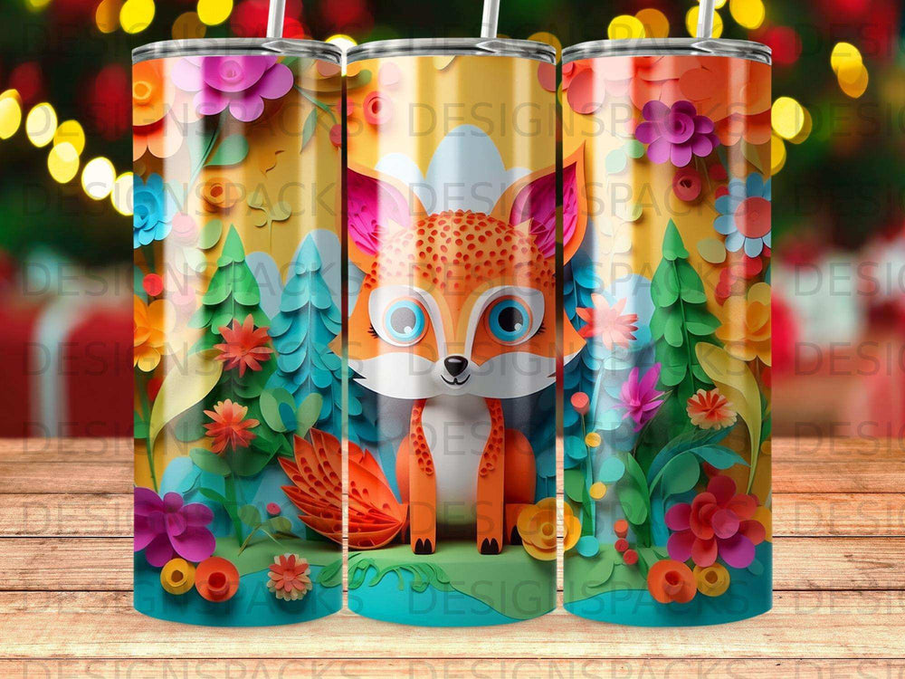 Orange fox with large ears sitting among colorful trees and flowers.