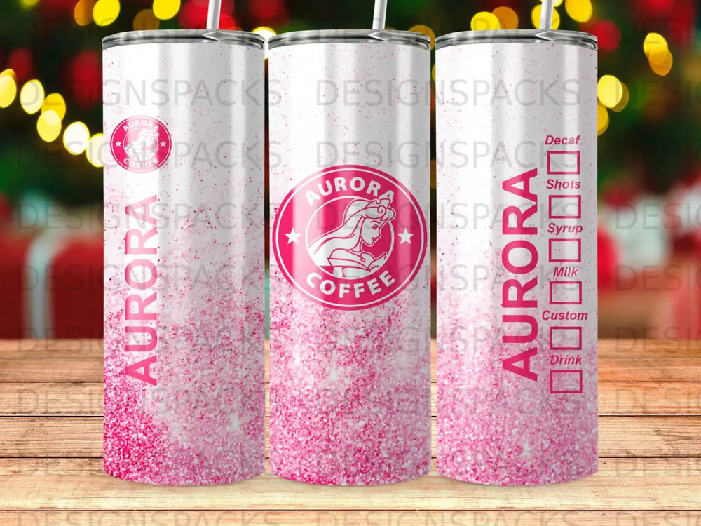 Aurora Coffee tumbler with pink glitter and drink options list.