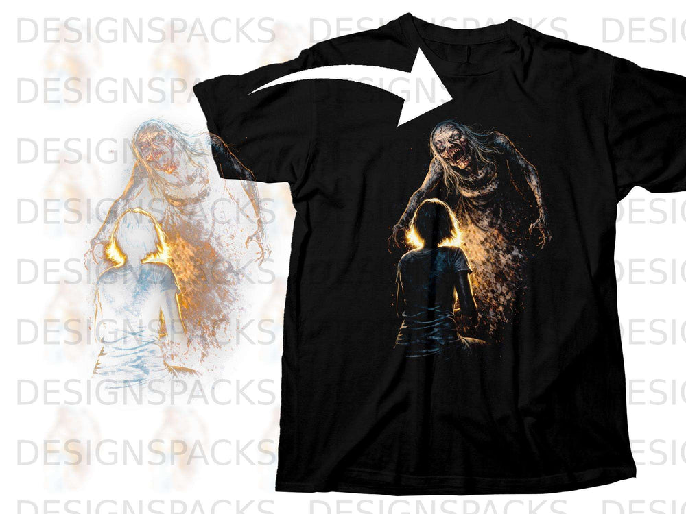 Black t-shirt with a dark, horror-themed graphic of a zombie and a person.