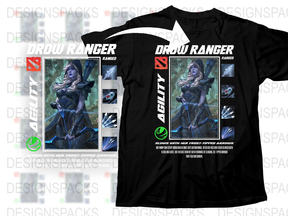Drow Ranger Dota 2 Graphic T-Shirt, Gaming Fan Apparel, Hero Agility Ranger, Unisex Black Tee