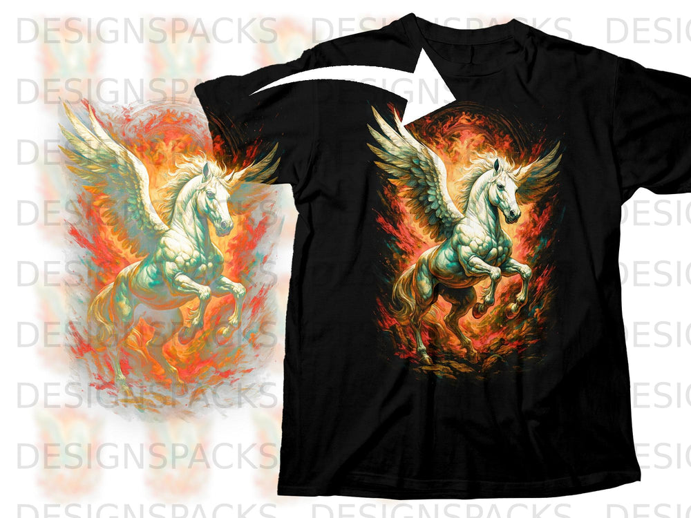 Black t-shirt with a white Pegasus graphic surrounded by flames and smoke.