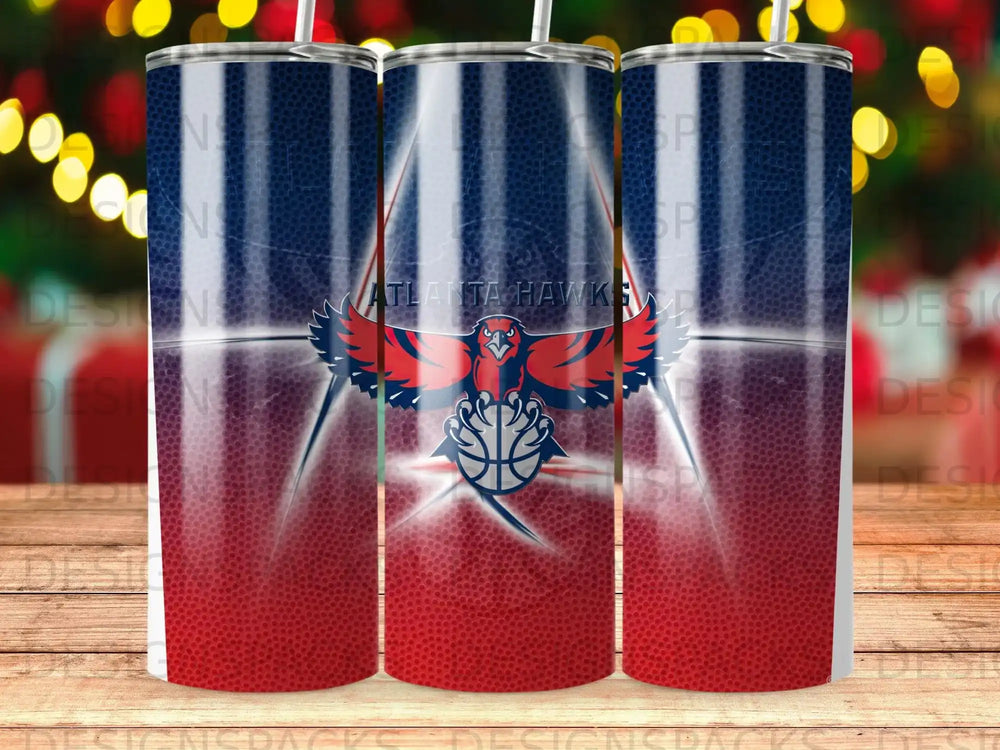 Atlanta Hawks logo on a blue and red striped tumbler.