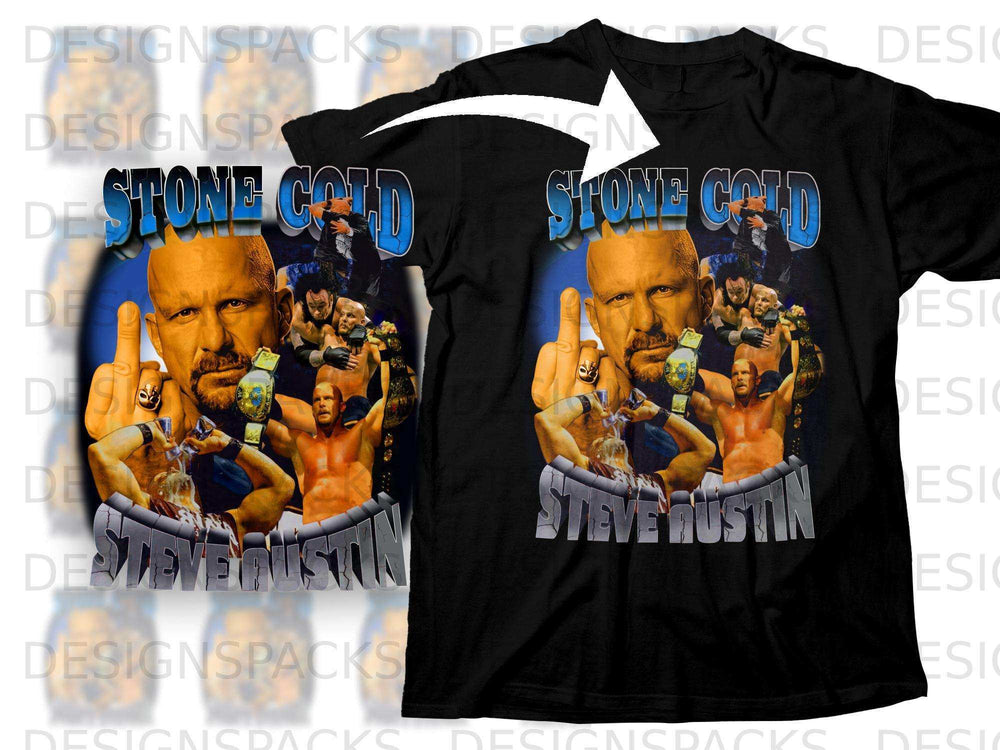 Black t-shirt featuring Steve Austin with championship belts and "STONE COLD" text.
