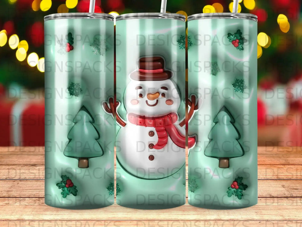 Snowman tumbler with red scarf and top hat, surrounded by festive lights.