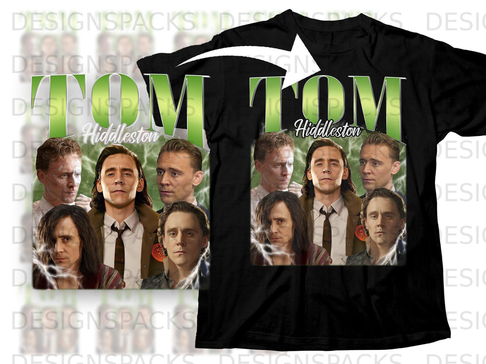 Black t-shirt featuring multiple images of Tom Hiddleston with lightning effects and the text "TOM Hiddleston".