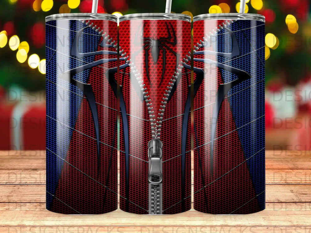 Spider-Man suit pattern on a tumbler with a zipper design.