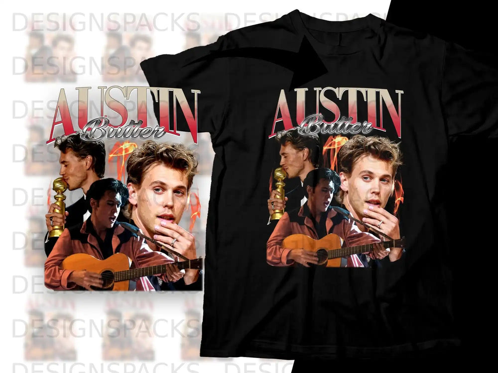 Austin Butler graphic tee featuring close-up portrait and guitar.