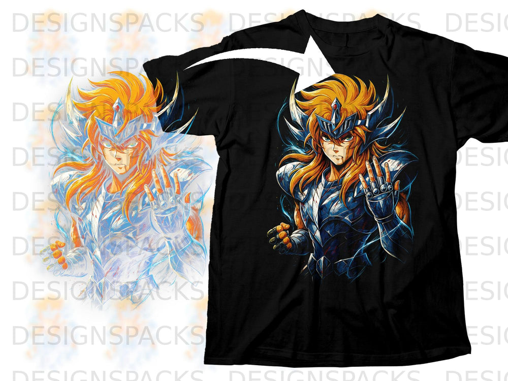 Black t-shirt with Aiolos from Saint Seiya anime character graphic.