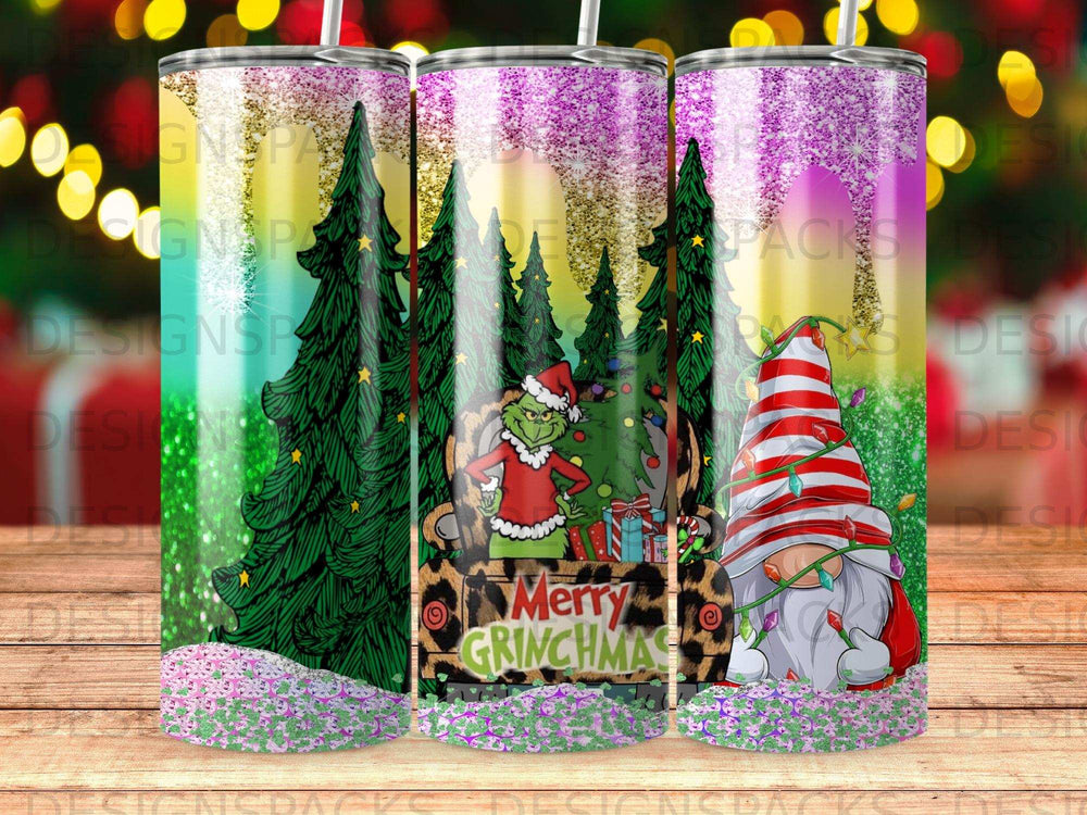 Christmas tumbler with Grinch and gnome, glittery trees, and "Merry Grinchmas" text.