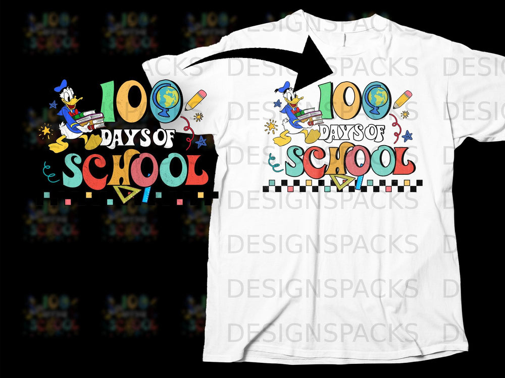 Donald Duck graphic with "100 Days of School" text and school supplies.
