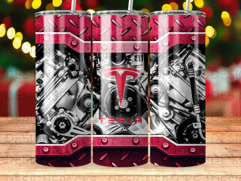Tesla engine detail with diamond plate and red accents on tumbler.