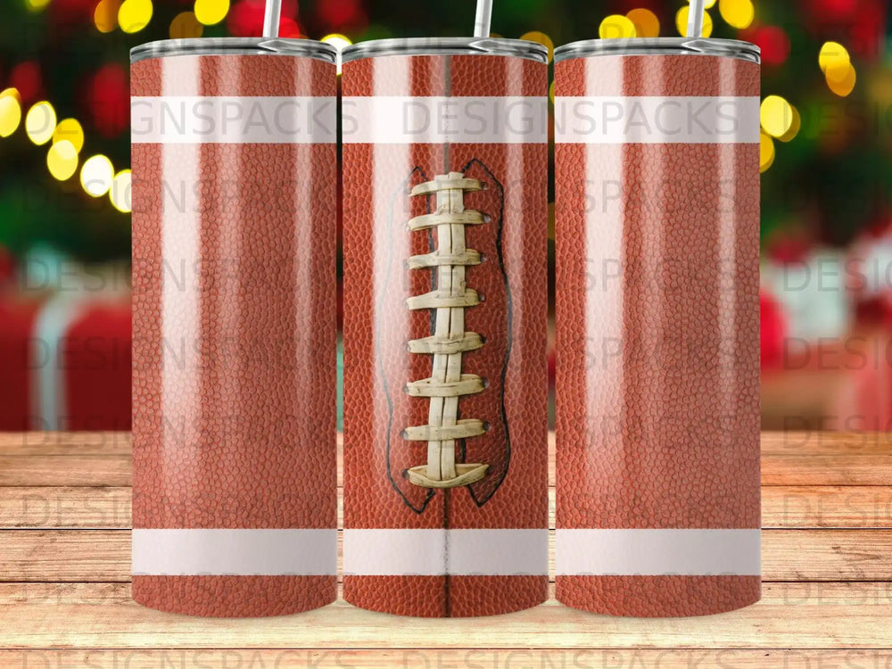 Tumbler with football texture and white stripes.