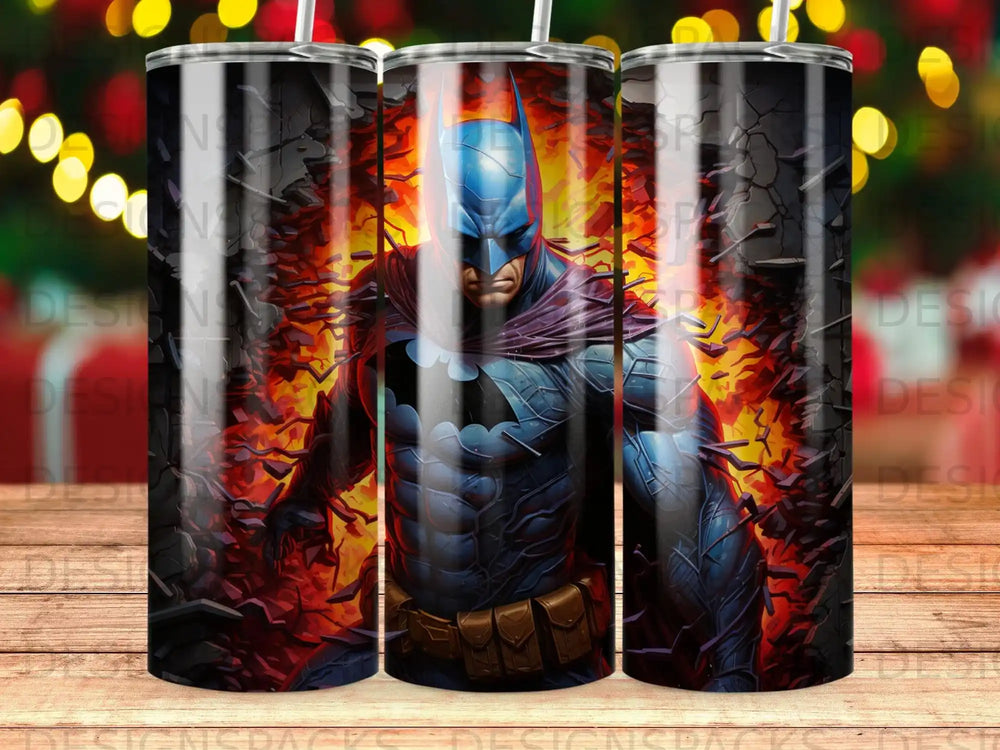 Batman emerging from cracked concrete and flames, a superhero illustration.