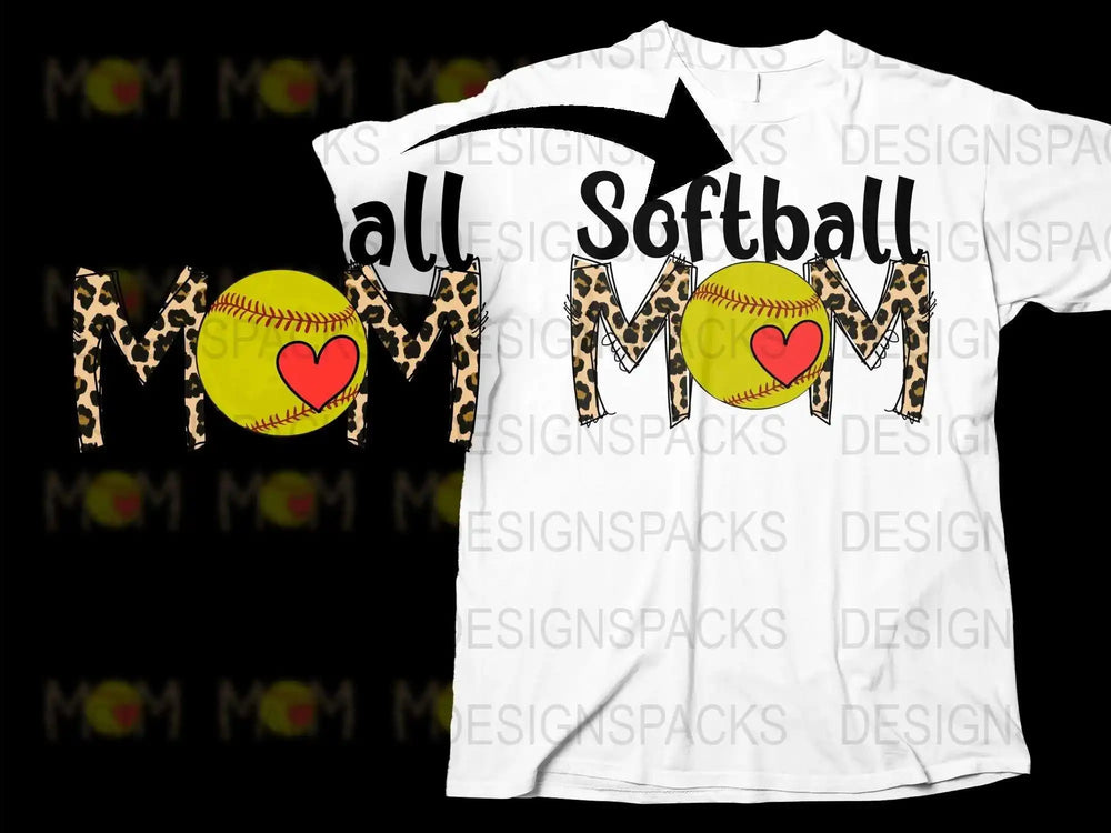 Softball Mom T-Shirt with Leopard Print, Heart Graphic, Sports Fan Apparel, Gift for Moms, Casual Wear