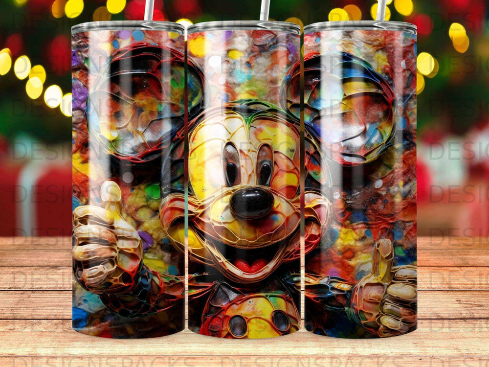 Mickey Mouse giving thumbs up with a colorful, abstract background.