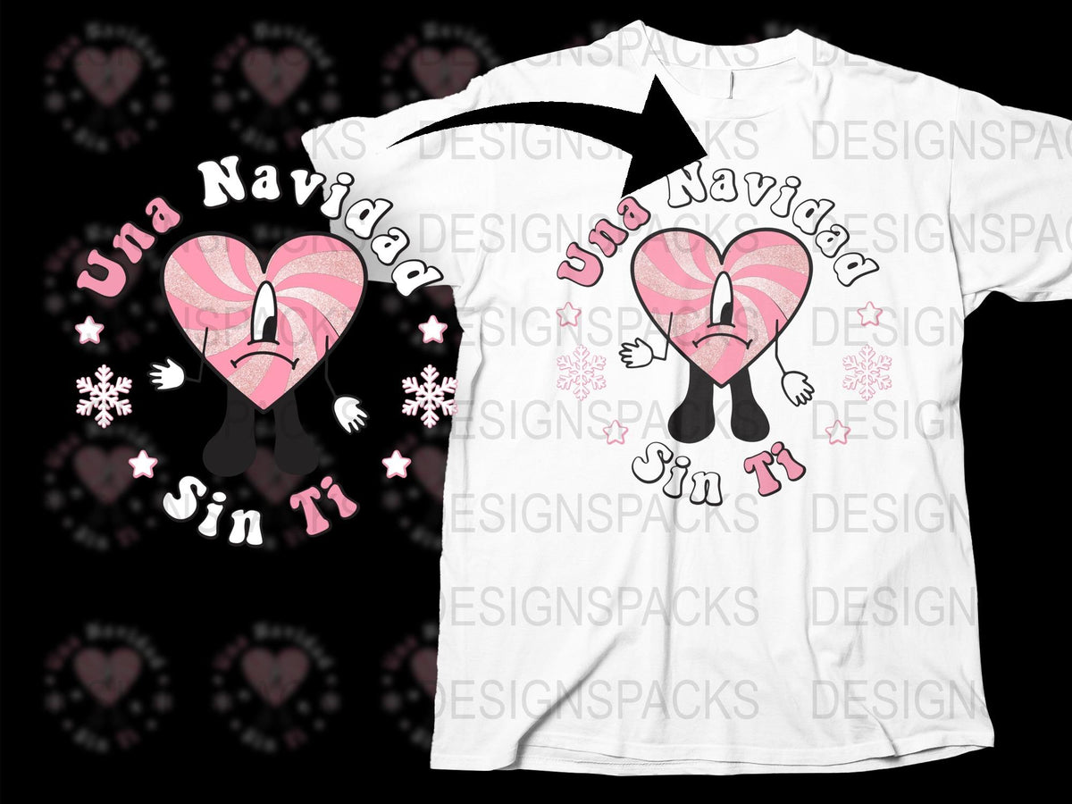 Una Navidad Sin Ti T-Shirt, Christmas Heart Candy Cane Design, Festive Holiday Tee, Pink and Black