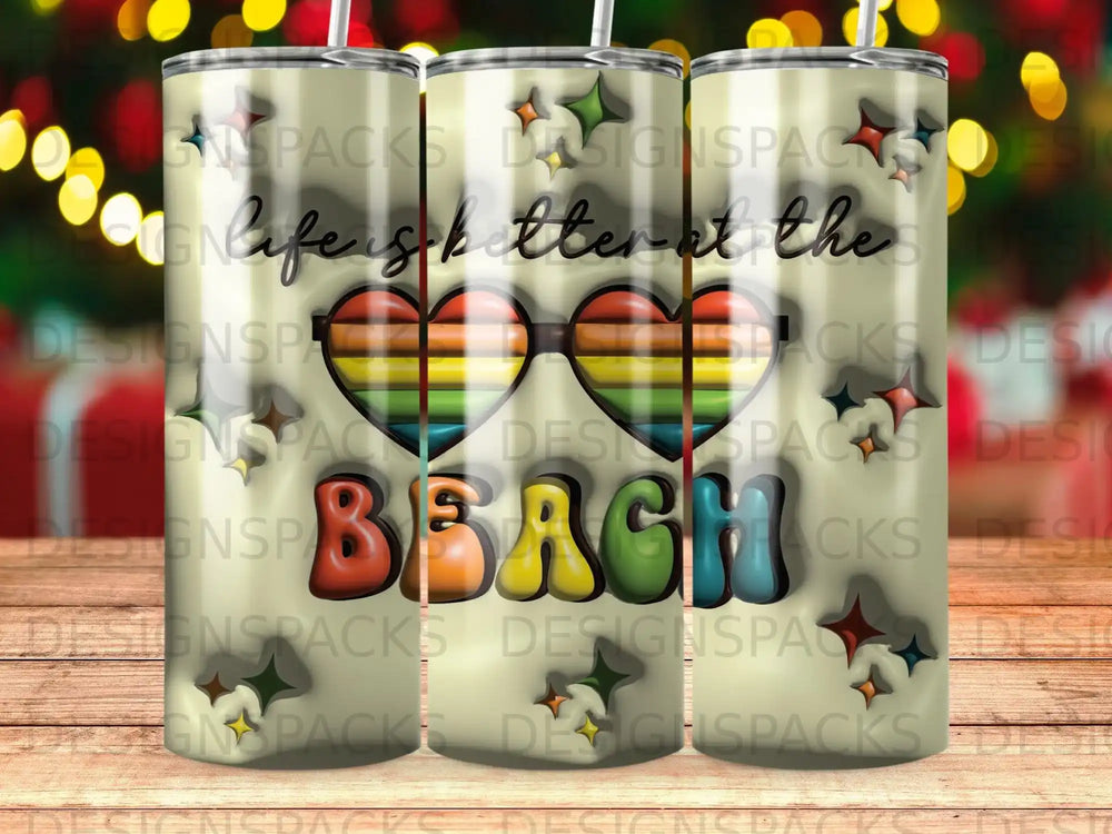 Tumbler with rainbow sunglasses and "Beach" text.