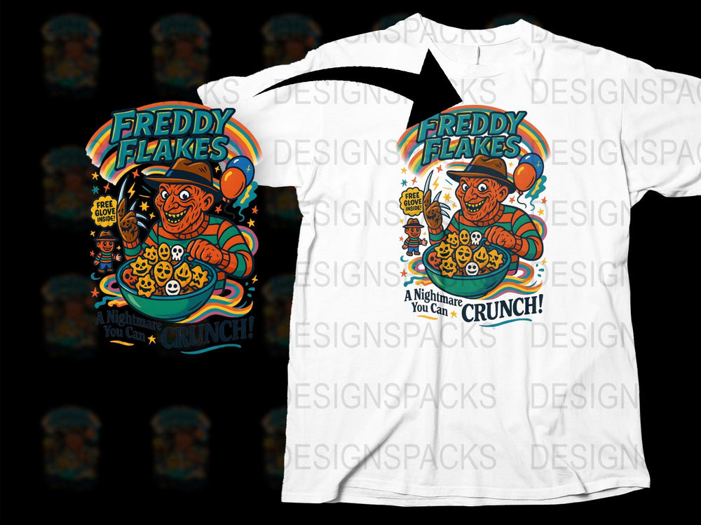 Freddy Flakes Graphic T-Shirt, Cartoon Tiger, Retro Cereal Box Design, Vintage Style, Colorful, Unisex Adult Clothing
