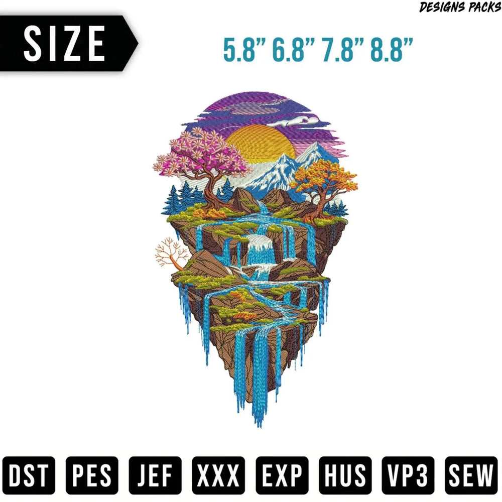 Floating island with waterfalls, trees, mountains, and sun; sizes listed.