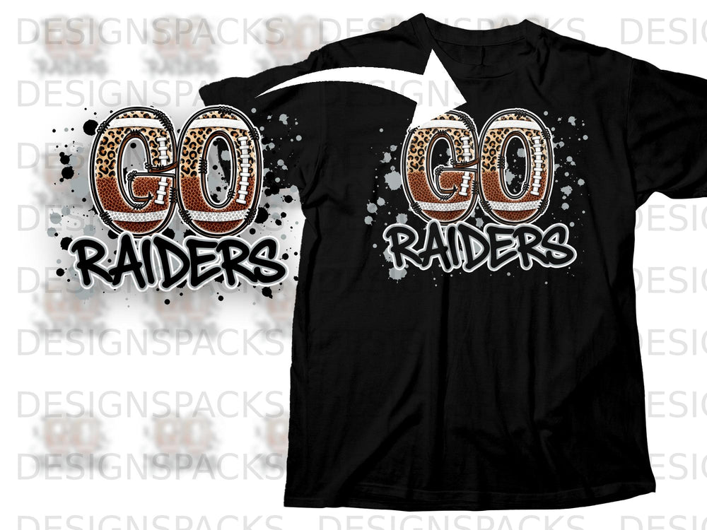 Black t-shirt with "GO RAIDERS" text and football graphics.