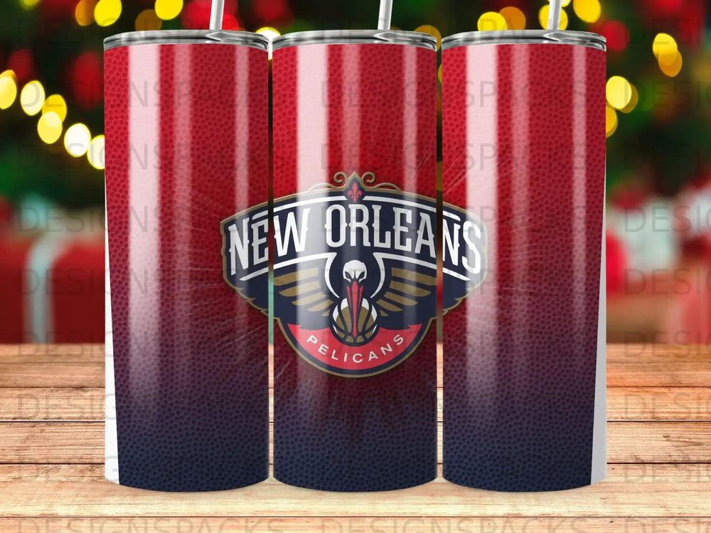New Orleans Pelicans logo on a textured tumbler with red and dark blue gradient.