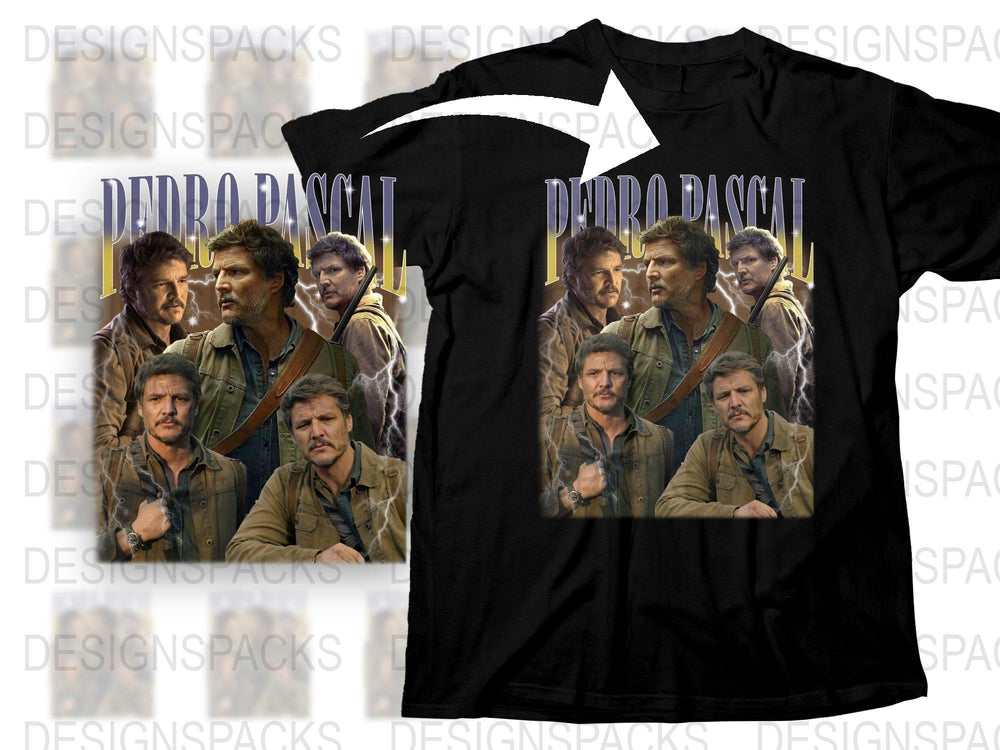Pedro Pascal Graphic T-Shirt, Fan Art Tee, Multiple Poses Design, Black Cotton Shirt, Unisex Adult Clothing